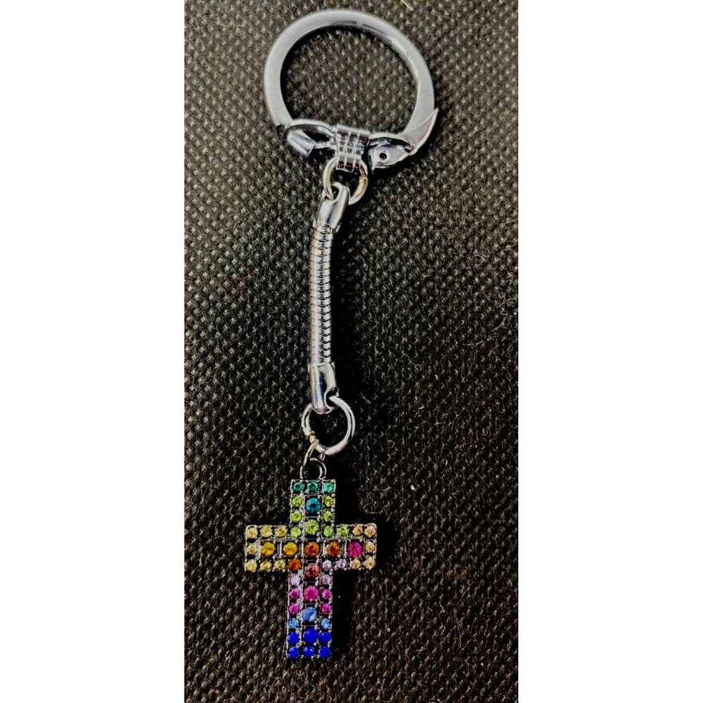 Handcrafted Multicolor Rhinestone Cross Chrome Steel Key Chain Charm Accessory
